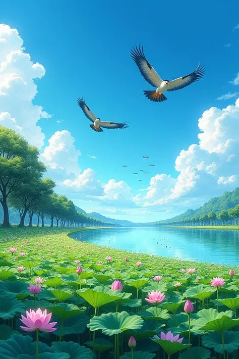 The sky is blue、Many small lotus flowers are blooming in the field.。There are many thunderbirds。The first place trees are lined up、Many sweetfish are swimming and jumping in the river.。Beautiful photo images