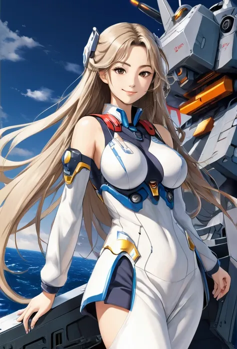 battleship,On deck,an oriental girl,long flowing hair,Bright Eyes,Excited expression,Big breasts,Annotator from afar,Wearing the Flying Gundam Mecha,