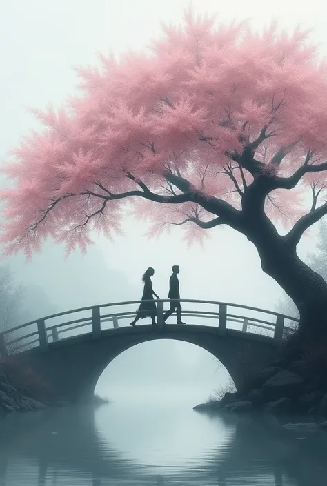 two people walk the bridge under a large cherry blossom, in the style of atmospheric paintings, gray and aquamarine, airbrush art, dark white and dark gray, lovely --ar 35:64 --stylize 750 --v 6