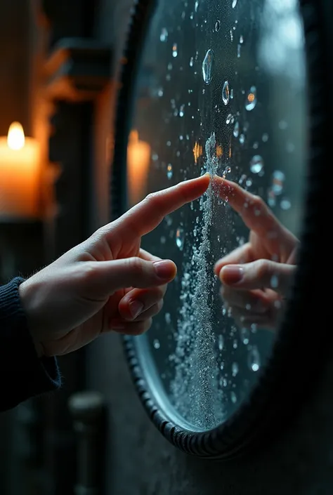 generate a close-up of a finger touching a facing mirror which hanging on the wall and its churning like a water, dark background, candle light. the image was taken from aside, fantasy, highly-detailed, ultra-sharp, realistic. 