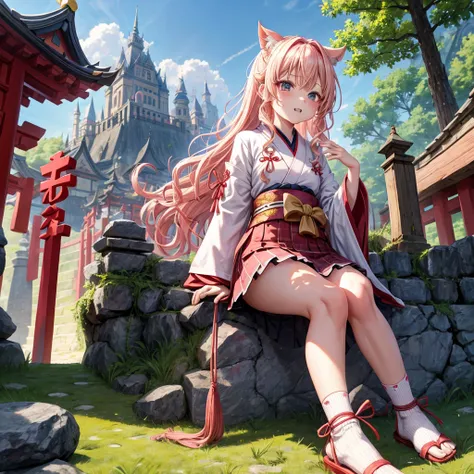 Pink Blonde、Red eyes、Wavy Hair、Hair tied up、Two cute、Checked mini skirt、black t-shirts、kimono、China、Frills、Knee-high socks、Teeth are visible、Monster Castle、Tilting face、grass、Stones are growing out of the ground.、In front of the city gates、Underground tunn...