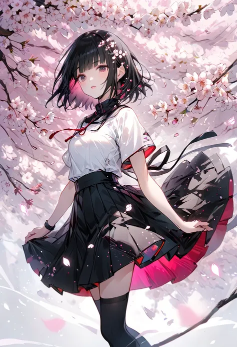 (((Background Senbonzakura)))、((Cherry blossoms fluttering effect))、Black short hair、Quirky hair、(Long bangs)、White short-sleeved clothing、Black Skirt、Black knee socks