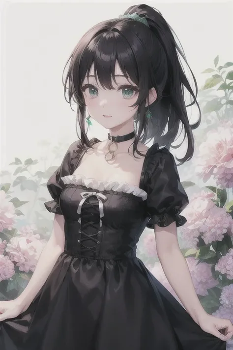 (Highest quality)、(Highest quality)、cute、(choker).eyes are emerald、(ponytail)、(Black Hair)、