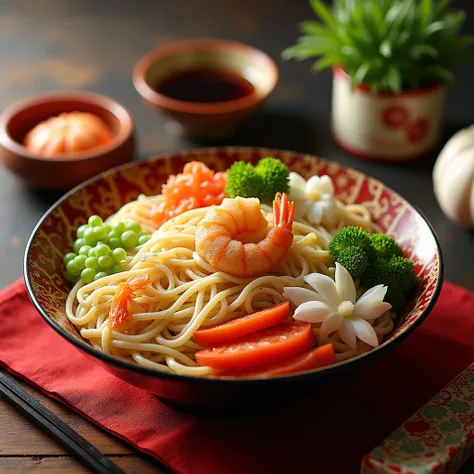 Japanese udon noodle advertisement，Soft and chewy noodles with a variety of ingredients，The table is decorated with decorative items beside it. , Very realistic , Highly detailed , 