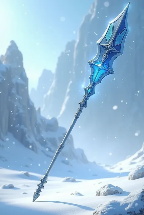 Generate picture of a Glaive Polearm of blue colored blade and silvered white colored shaft. Background is to be of snow falling, snow land 