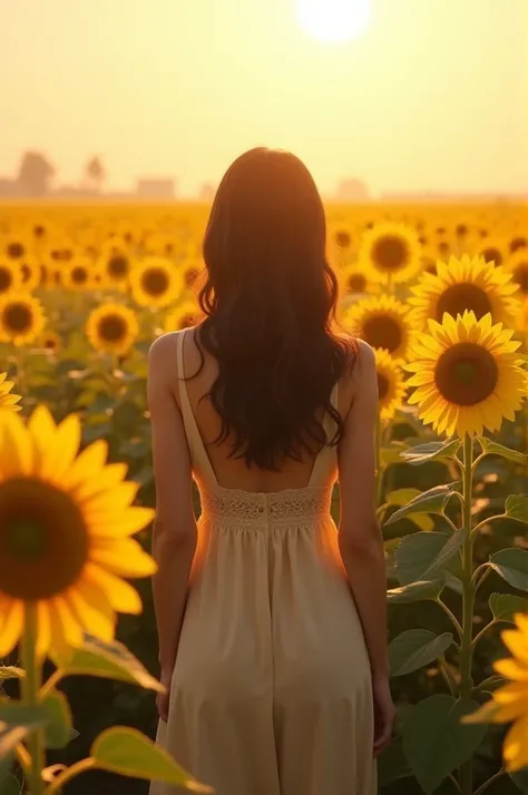 a peaceful golden hour scene in a vibrant sunflower field. bright yellow sunflowers with dark centers, tall and in full bloom. a person standing amidst the flowers, dressed in a light, sleeveless beige dress with a lace band at the waist. long, dark hair g...