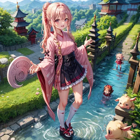 Pink Blonde、Red eyes、Wavy Hair、Hair tied up、Two cute、Checked mini skirt、black t-shirts、kimono、China、Frills、Knee-high socks、Teeth are visible、Monster Castle、Tilting face、grass、Stones are growing out of the ground.、In front of the city gates、Underground tunn...