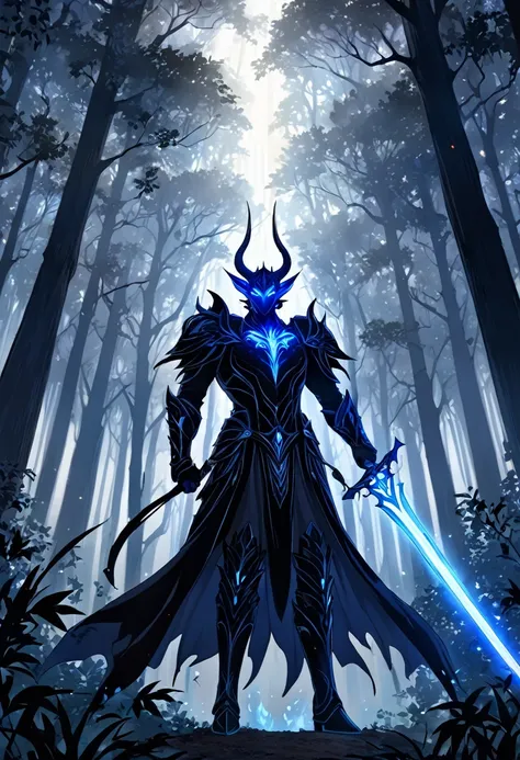 An anime-style Lucifer with glowing blue eyes, wearing intricately detailed black armor, standing in a misty enchanted forest. Lucifer holds a large, glowing sword, with ethereal blue flames emanating from the blade. The camera angle is a low shot looking ...