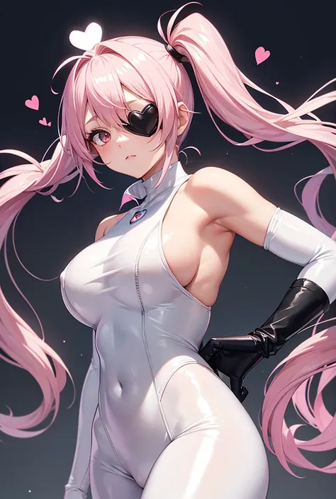 A beautiful girl wearing a shiny white sleeveless rubber suit that fits snugly up to the neck（20th Generation）She is wearing a heart-shaped eyepatch, long hair in a side ponytail, her hair color is a soft pink, and she is wearing loose rubber long gloves.