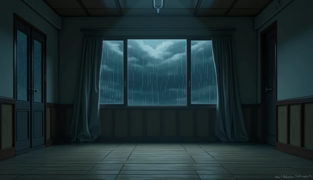   japanese school corridor, no people, raining, day, clouds, In the style of Makoto Shinkai。master piece, ultra detail, precision, ultra-realistic,
