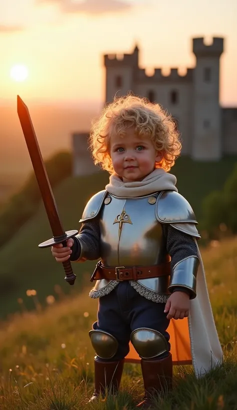 Create UHD photorealistic realistic image, no animation, no 3D image, no Pixar style. A 24-month-old French boy with curly blonde hair and fair skin, dressed in a miniature knight costume. He stands confidently on a grassy hill, holding a small wooden swor...