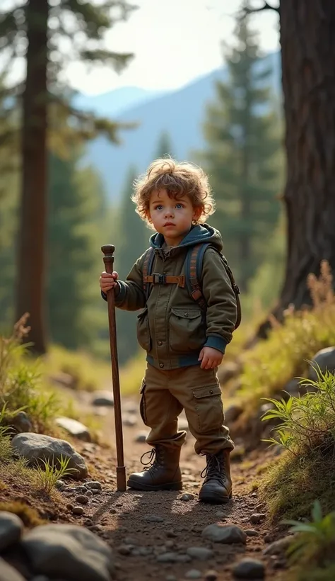 Create UHD photorealistic realistic image, no animation, no 3D image, no Pixar style. A 36-month-old French boy with light brown hair and blue eyes, dressed in rugged outdoor clothes. He is standing on a rocky path in a forest, holding a walking stick, wit...