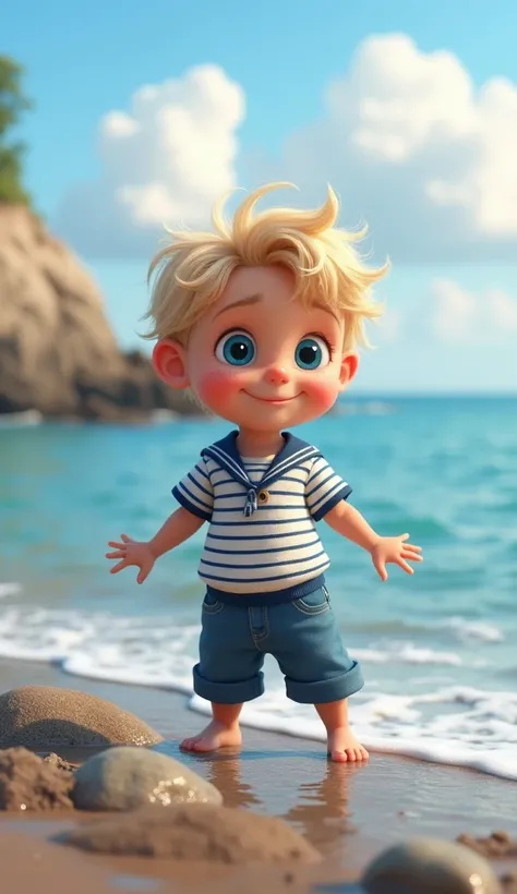 Create UHD photorealistic realistic image, no animation, no 3D image, no Pixar style. A 26-month-old French boy with sandy blonde hair and bright blue eyes, standing on a rocky beach, playing near the waters edge. He is wearing a striped sailor outfit, wit...