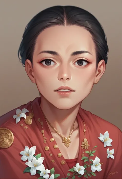 black eye, wajah Indonesia, Gusti Raden is beautiful, wearing a gold necklace, anting emas, red shirt with white jasmine flower motif