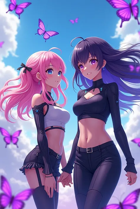 girl hair pink with black and friend girl hair black with purple , butterflies purples and sky blue , anime  HD , oufit futurista, crop top, match icon 