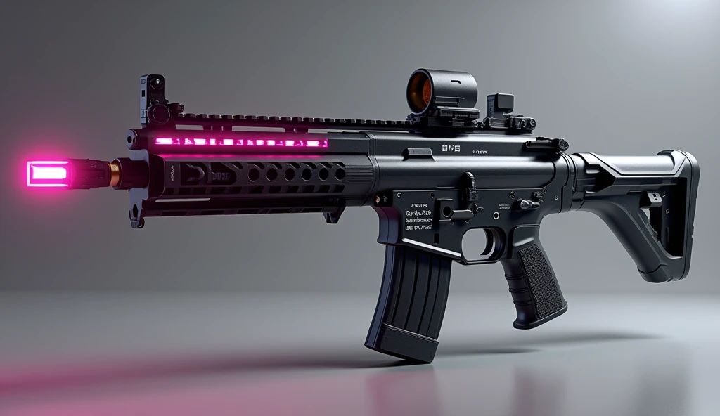 A sleek, lightweight assault rifle with energy conduits running along the barrel, designed for rapid-fire and precision shooting. Matte black with electric pink accents,3D Rendering, Super Detailed, Textured Skin, High Resolution, High Quality, 