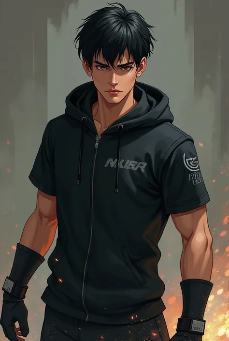 Short black hair、brown Eyes、A fearless face、Black clothing with hoodie with short sleeves and zipper、with superpower force、One caucasican boy、22 year、combat style