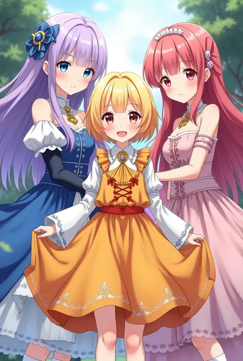 3 beautiful young girls the first girl with long lavender hair with bangs with dull light blue eyes wearing a gorgeous blue and white dress with detailed sleeves and very short socks. The second girl is young with short sun yellow hair with bangs and a yel...