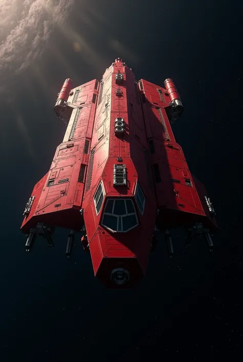 A spaceship carrying huge cargo,Wingless,Red Spaceship,The window is small and you can see outside.,Precision machinery can be seen through gaps in the exterior,Huge rocket engine,