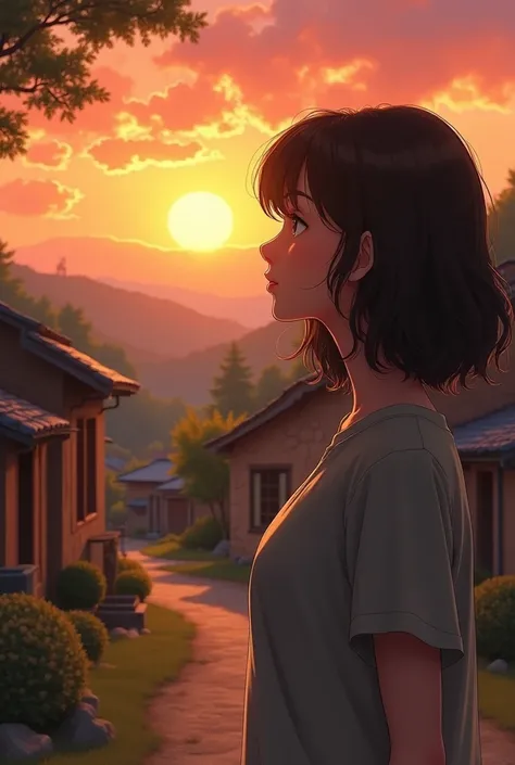 A brunette girl with wavy hair shoulder short hair that is a little bit over wight is looking at the sunset in her village. Realistic foto