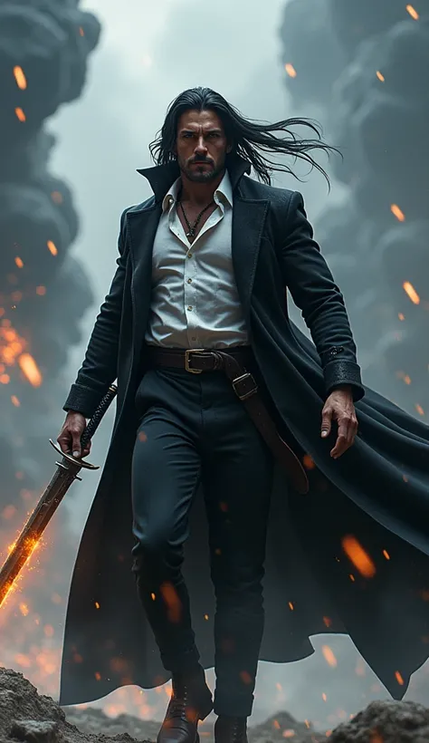 Full body shot of a man, 8K ultra-high resolution, ultra-realistic, cinematic lighting, dynamic pose, long black hair blowing in the wind, wearing a dramatically waving black coat, with a white shirt visible underneath. Vortex wields a dark sword that emit...