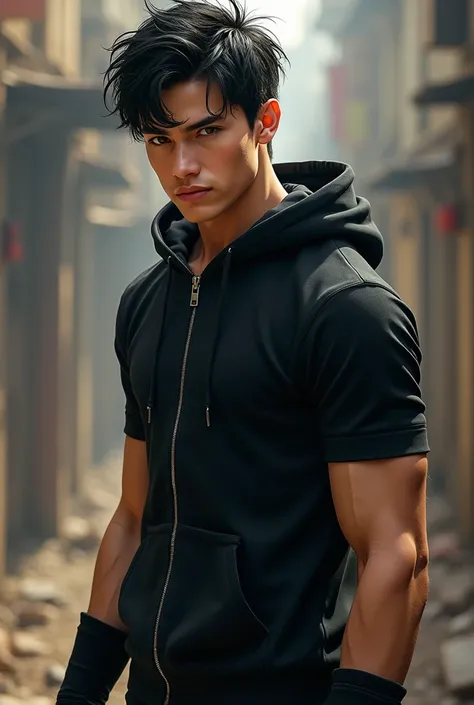 Short black hair、brown Eyes、A fearless face、Black clothing with hoodie with short sleeves and zipper、with superpower force、One caucasican boy、22 year、combat style