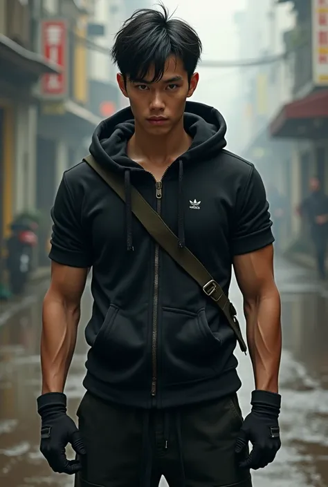 Short black hair、brown Eyes、A fearless face、Black clothing with hoodie with short sleeves and zipper、with superpower force、One caucasican boy、22 year、combat style