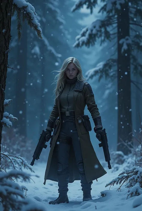 A woman hold guns in forest, night, beautiful night sky, in winter