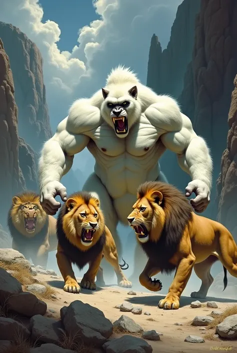 A white gorilla fighting three lions in the style of Frank Frazetta and in the style of Boris Vallejo, fantasy art cover. --v 6 --ar 21:32