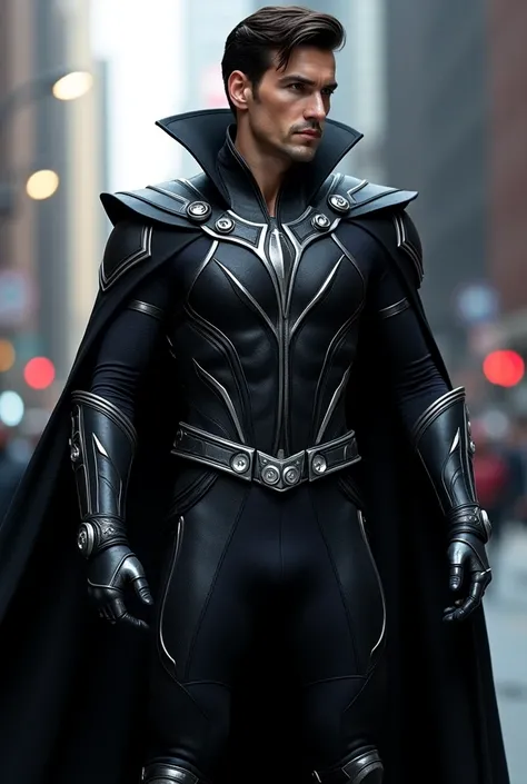 Super hero outfit for guy in black ,no back flying cloth...with silver shine something more like dr. Strange 

