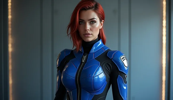 Woman dressed in a blue suit standing in front of a wall, wearing mass effect armor, Femshep, Comandante Shepard, mass effect style, inspired by Eve Ryder, mass effect inspired, mass effect fantasy, sigma woman, female character, mass effect, Gordon Freema...