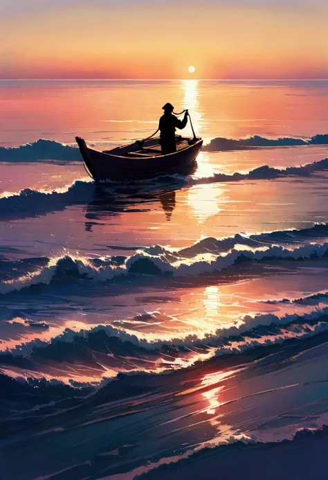 Morning Ocean, calm waters under the soft light of the rising sun. In the foreground is a fisherman in an old wooden boat., casting a net into the sea. There are light waves all around, reflecting the bright colours of dawn. The silhouette of the distant s...