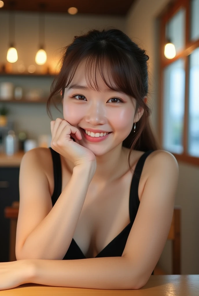 Highest quality、Japanese、1、(Hostess)、Brown Hair、cute、private、Off-shot、(Living Style:1.3)、(Selfie:1.3)、Selphy、(1 person)、(slender:1.2)、(Black camisole:1.2)、Cafe、smile、Resting one&#39;s chin on one&#39;s elbow