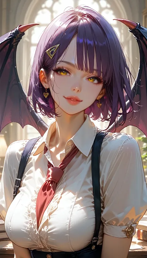 score_9, score_8_up,score_7_up,masterpiece, best quality, perfect anatomy, very aesthetic, official art, 8k,1girl, eyelashes,lips gloss,seductive smile,demon_girl,demon_wings,majestic wings,purple hair,short hair,bob hair,large_breasts, hairclip, school un...