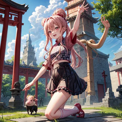 Pink Blonde、Red eyes、Wavy Hair、Hair tied up、Two cute、Checked mini skirt、black t-shirts、China、Frills、Knee-high socks、Teeth are visible、Monster Castle、Tilting face、grass、Stones are growing out of the ground.、In front of the city gates、Underground tunnels、Woo...