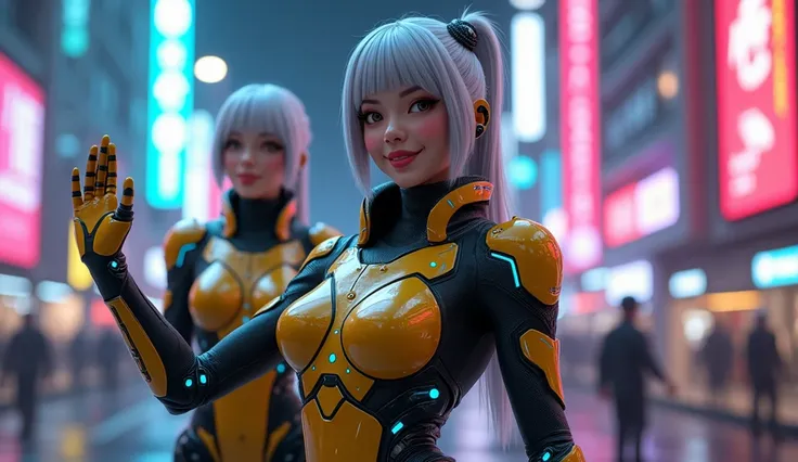 Keep the armor futuristic technology. You do NOT have to wear a helmet. I want it to be seen that it is a female human person maintaining the futuristic work. Place it in a city with RTX neon highlights. The character must be facing forward with his hand w...