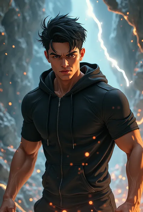 Short black hair、brown Eyes、A fearless face、Black clothing with hoodie with short sleeves and zipper、with superpower force、One caucasican boy、22 year、combat style、sourranded by cracks