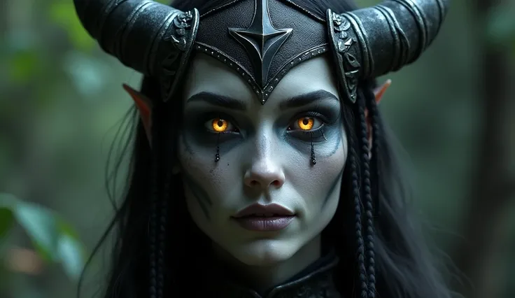 There is a female demon with grey skin and bright yellow eyes dressed in a costume with horns and a horse, beautiful dark elf countess, portrait of an Elf Queen, dark elf maiden, together | medieval, Close-up of the cinematic goddess., Dark Elf Princess, a...