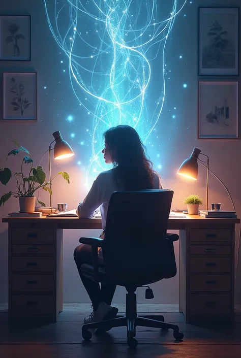 Beautiful image of an artist in an office with spiritual energy light and lines surrounding 