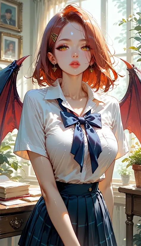 score_9, score_8_up,score_7_up,masterpiece, best quality, perfect anatomy, very aesthetic, official art, 8k,1girl, eyelashes,lips gloss,demon_girl,demon_wings,large_breasts, hairclip, school uniform, short sleeve shirt, night town