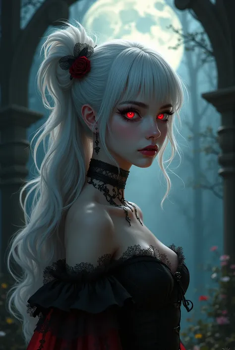 I will draw a scene，A vampire girl reveals her true identity in the moonlight.,(,1 girl,She is a girl with white hair and crimson eyes.,Girl is a vampire,(Very kind face:1.6),Face seen from the side,Perfect face,beautiful,Gorgeous Gothic Dress,Anatomically...