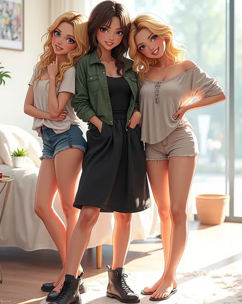 a group of beautiful blonde haired teenage girls, (big breasts:1.4), show full body, note, with a guy, not, front view, sunny day, smiling, in a room, Aerial photography, 20 years, realistic
