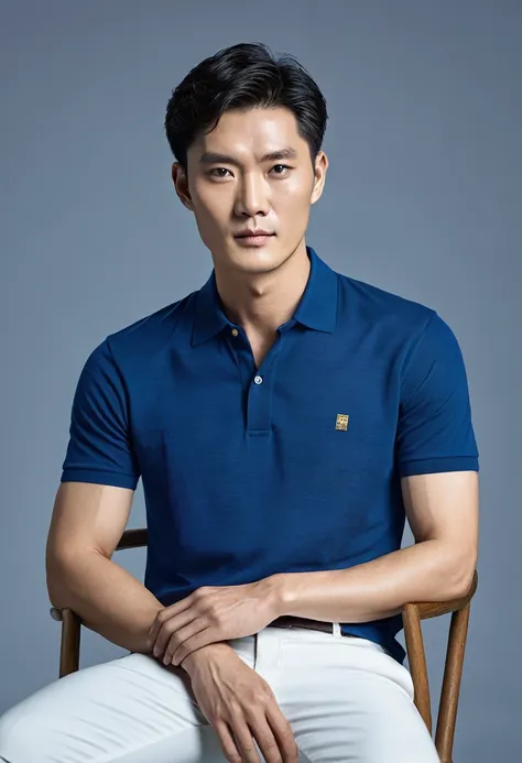 1man, Sitting on the chair, short hair, flat and wrinkle free, Chinese, Blue polo shirt, looking at the camera, posing in the style of fashion magazines, UHD, super detail, textured skin, masterpiece, highres, high quality, best quality