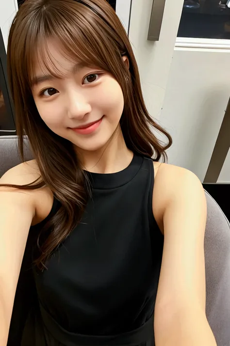 Highest quality、Japanese、1、Brown Hair、cute、private、、(Selfie:1.3)、Selphy、(1 person)、(slender:1.2)、(Black camisole:1.2)、Cafe、smile、Resting one&#39;s chin on one&#39;s elbow