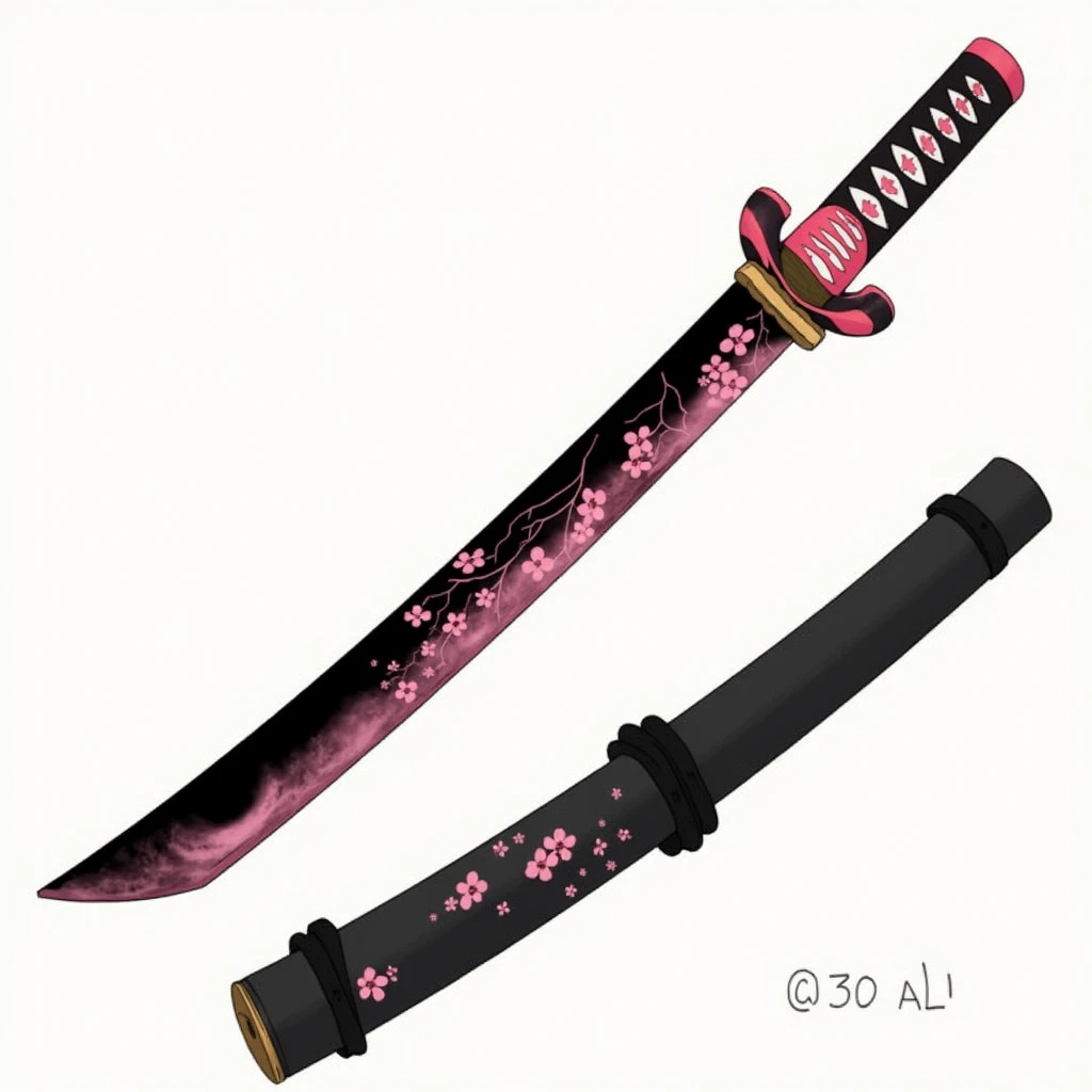 Style kimestu no yaibai, une épée noir a reflet rose avec des motif de fleurs de cerisier