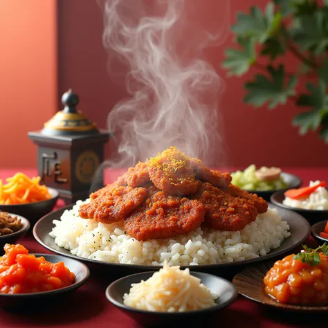 Korean style Japanese fried pork rice advertisement，Steamed Pork with Rice，There are decorations next to it. , Kimchi side dish, ginger, pickled radish，Vivid and vibrant colours , There is a Korean-style decoration next to the table.