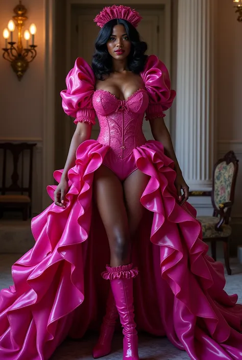 slim latex magenta maid, ebony, puff sleeve, many ruffles, neckline,very very red lips, show the whole body, verkneehigh latex boots, voluminous skirt, The whole dress touches the floor, (vagina), (shaved pussy)