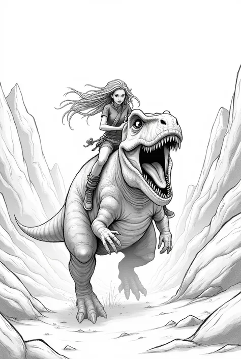 A girl with blonde dreadlocks riding a dinosaur, running though a rocky mountain without vegetation. In a simple black and white pencil style