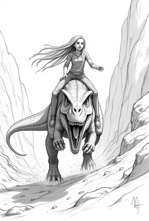 A girl with blonde dreadlocks riding a dinosaur, running though a rocky mountain without vegetation. In a simple black and white pencil style