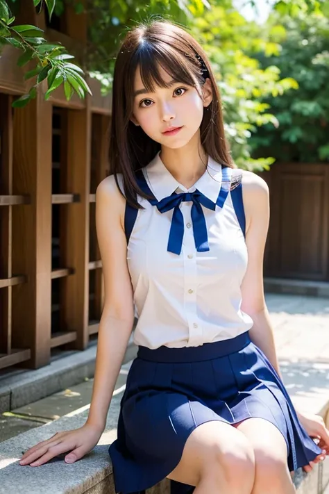 Beautiful face in every detail、Thin arms、Beautiful legs、Fair skin、Japanese schoolgirl、Moderate skin exposure、Small and thin body、Wearing summer uniform、cute、Whole body shot、High resolution, Big round breasts, nosebleed, 